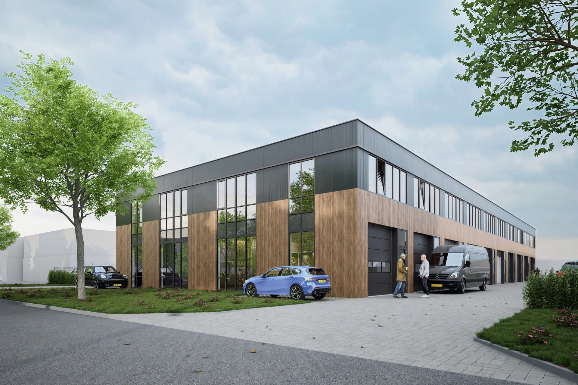Exterieur van het bedrijfsunitcomplex vanaf de straatzijde