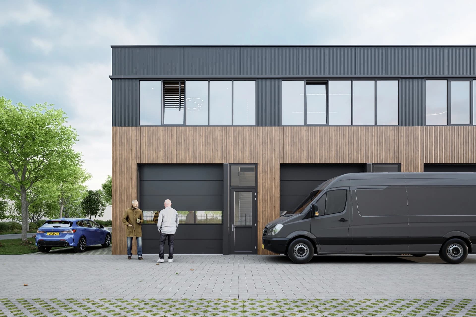Vooraanzicht van een unit met sectionaaldeur en entree