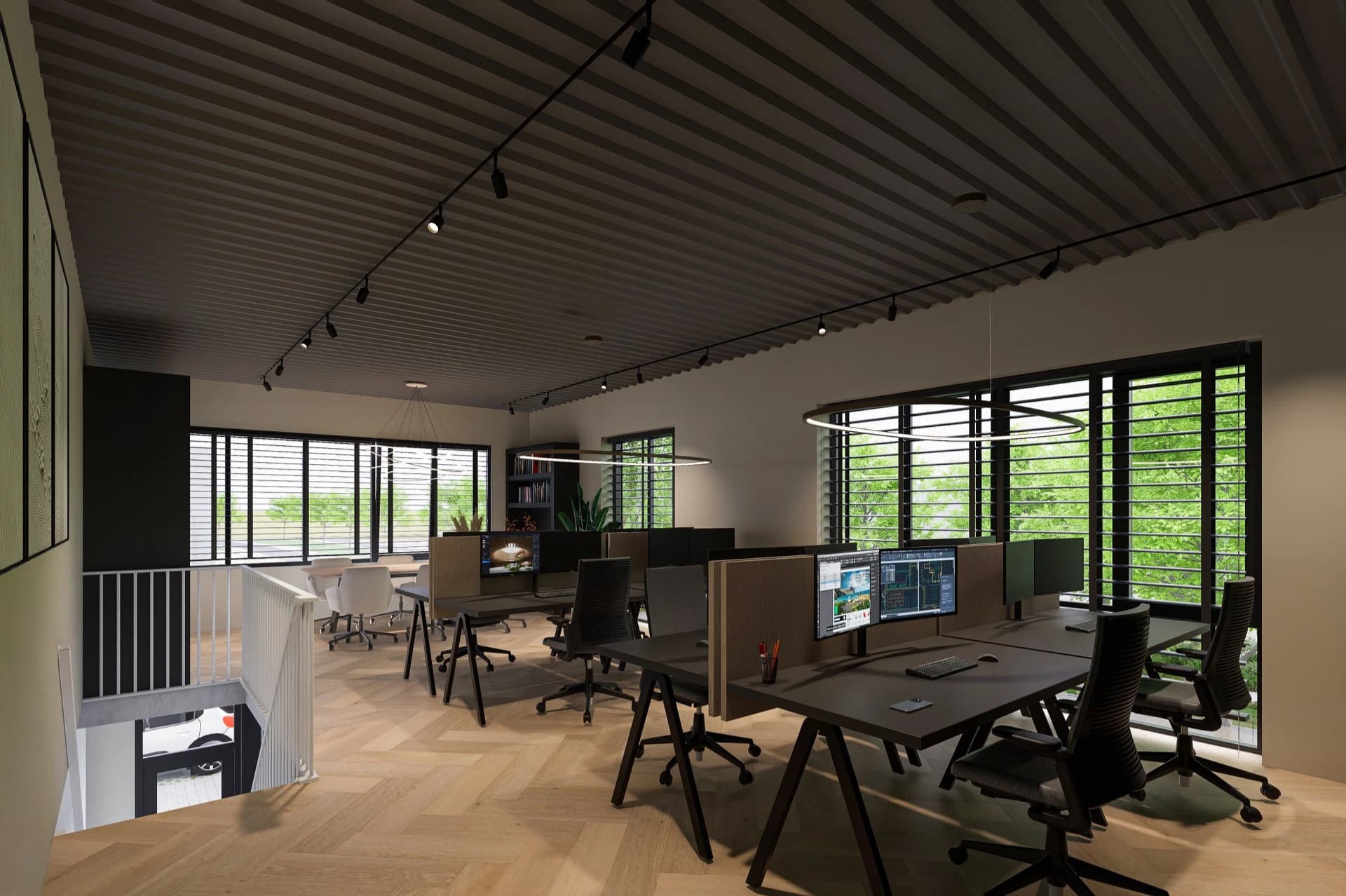 Ingericht kantoor met overlegtafel en pantry op de verdieping